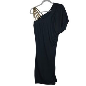 Made in France Black One Shoulder Gold Strap Draped Cocktail Mini Dress M/L